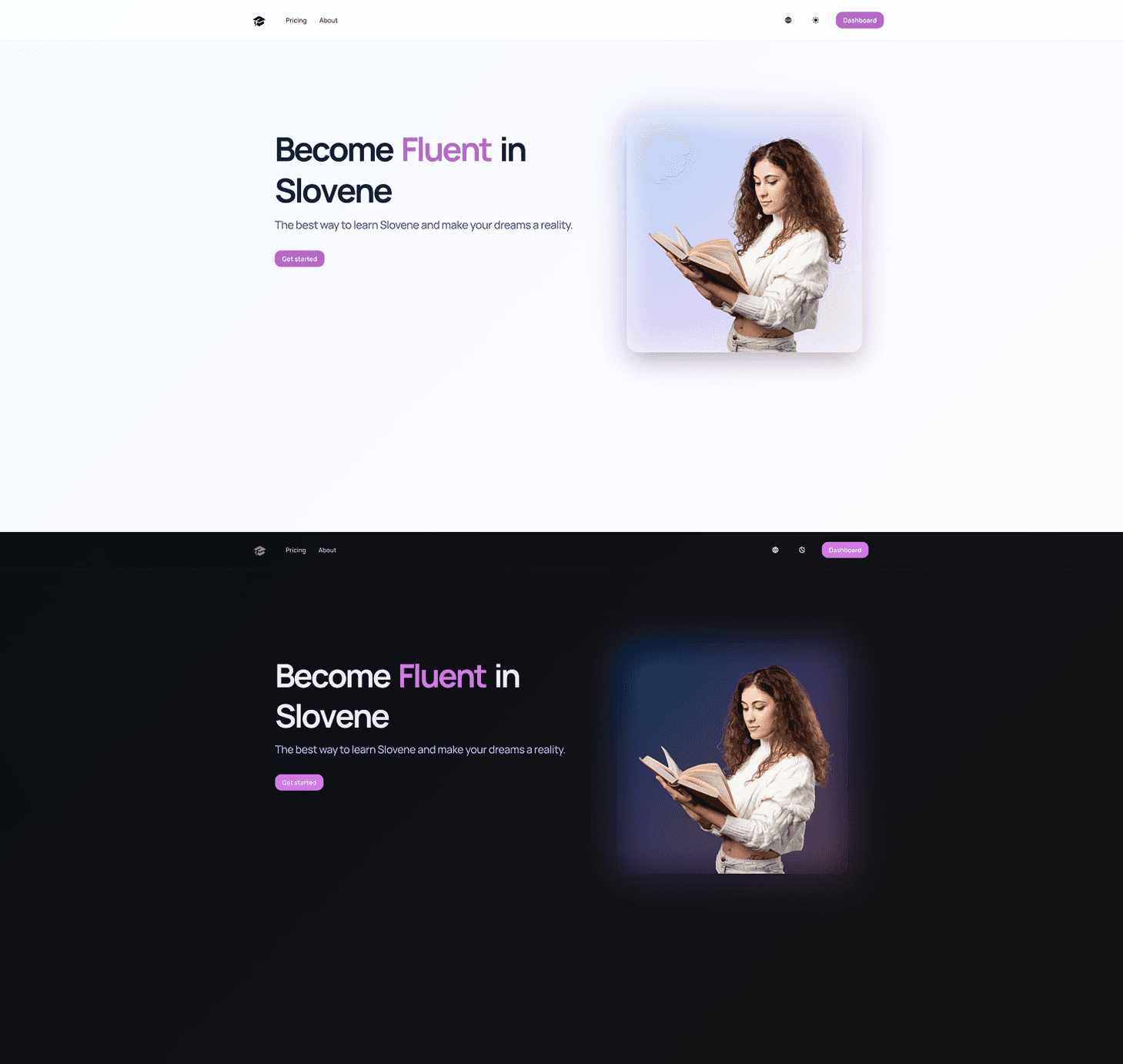 Landing page — light and dark theme