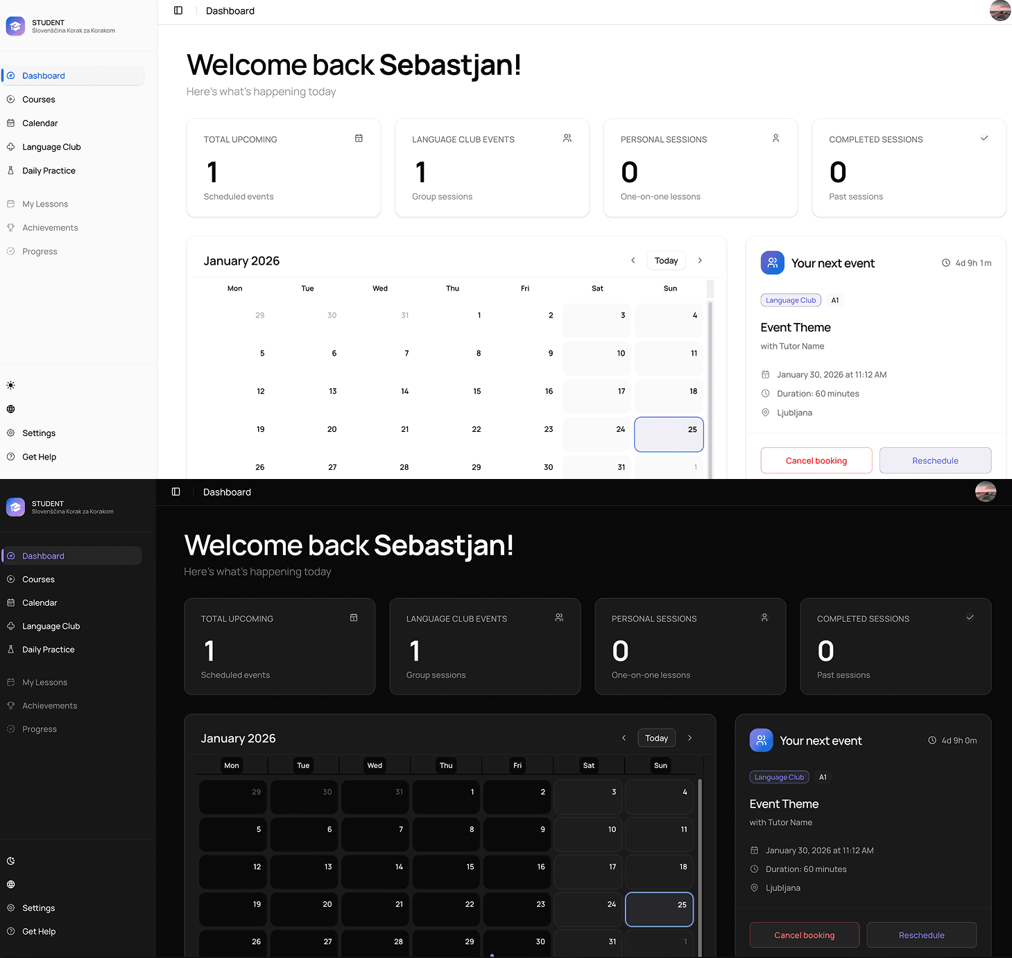 User dashboard — light and dark theme