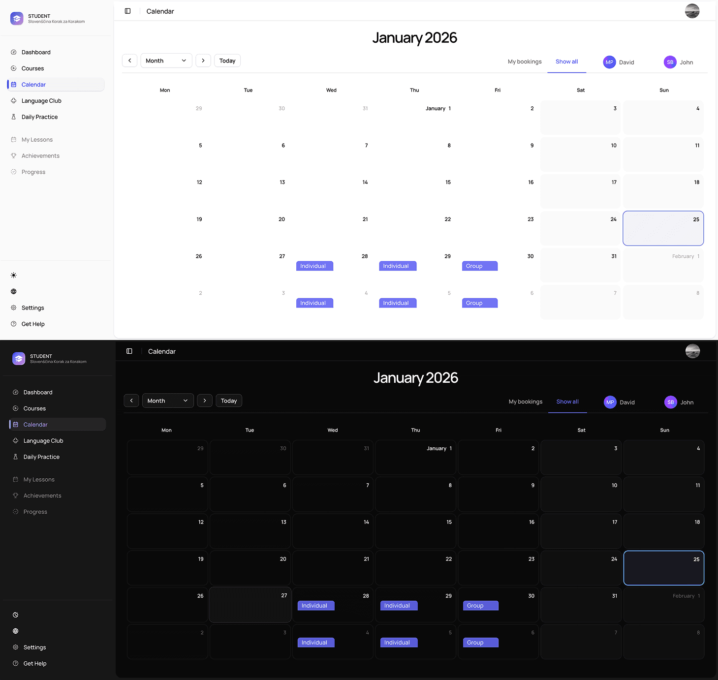 Calendar scheduler — light and dark theme